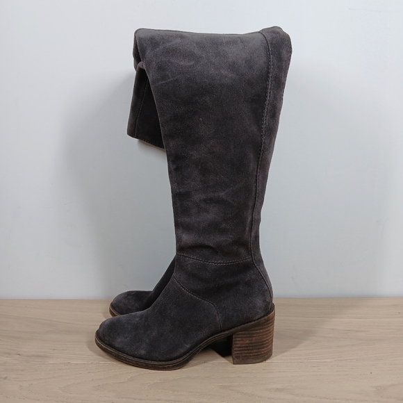 Lucky Brand Ramsden Gray Suede Leather Tall Block Heel Boots 598 - Picture 1 of 13